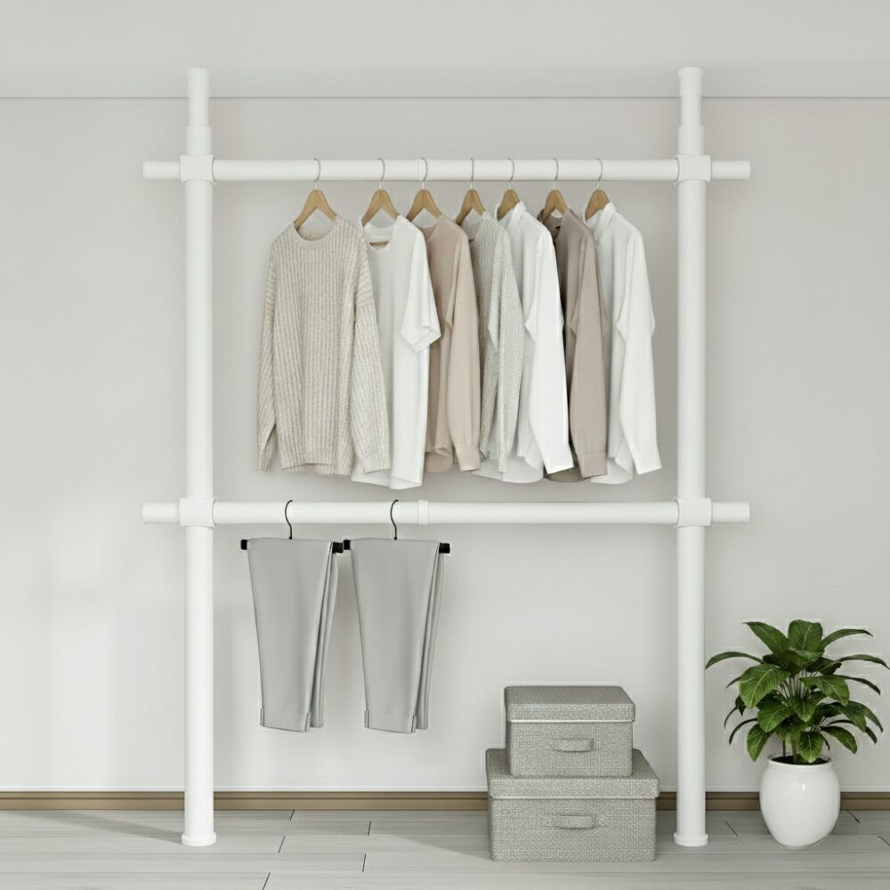 32파이 와이드 2단 행거 고정식 설치형 튼튼한 시스템 행거, 넓이 100-180cm x 높이 110-260cm 상세 이미지 1
