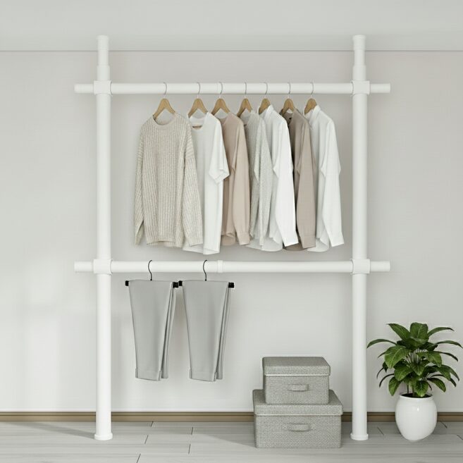 32파이 와이드 2단 행거 고정식 설치형 튼튼한 시스템 행거, 넓이 100-180cm x 높이 110-260cm