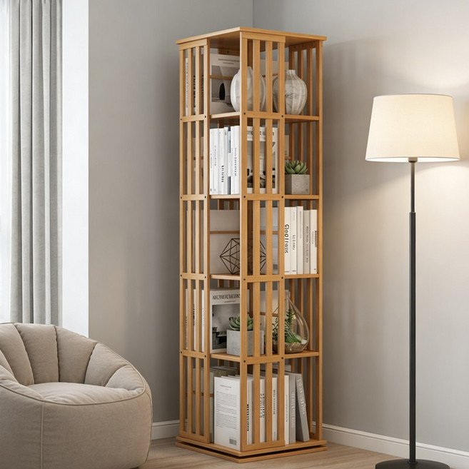 쿠리브 원목색 회전 책장 360도 대용량 거실 서재 다기능 책꽂이 수납장, 5단, 원목쿠폰할인
