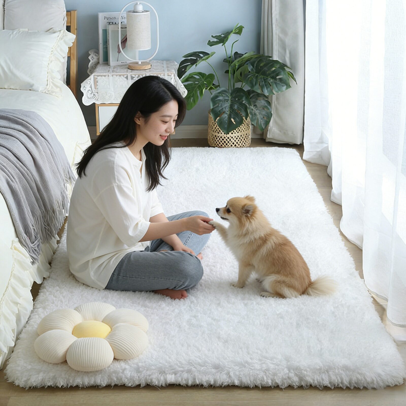 CIVILEE 극세사 샤기 러그 거실 침실 카페트 부드러운 장모 러그 사계절 미끄럼방지 물세탁 가능 화이트 상세 이미지 1